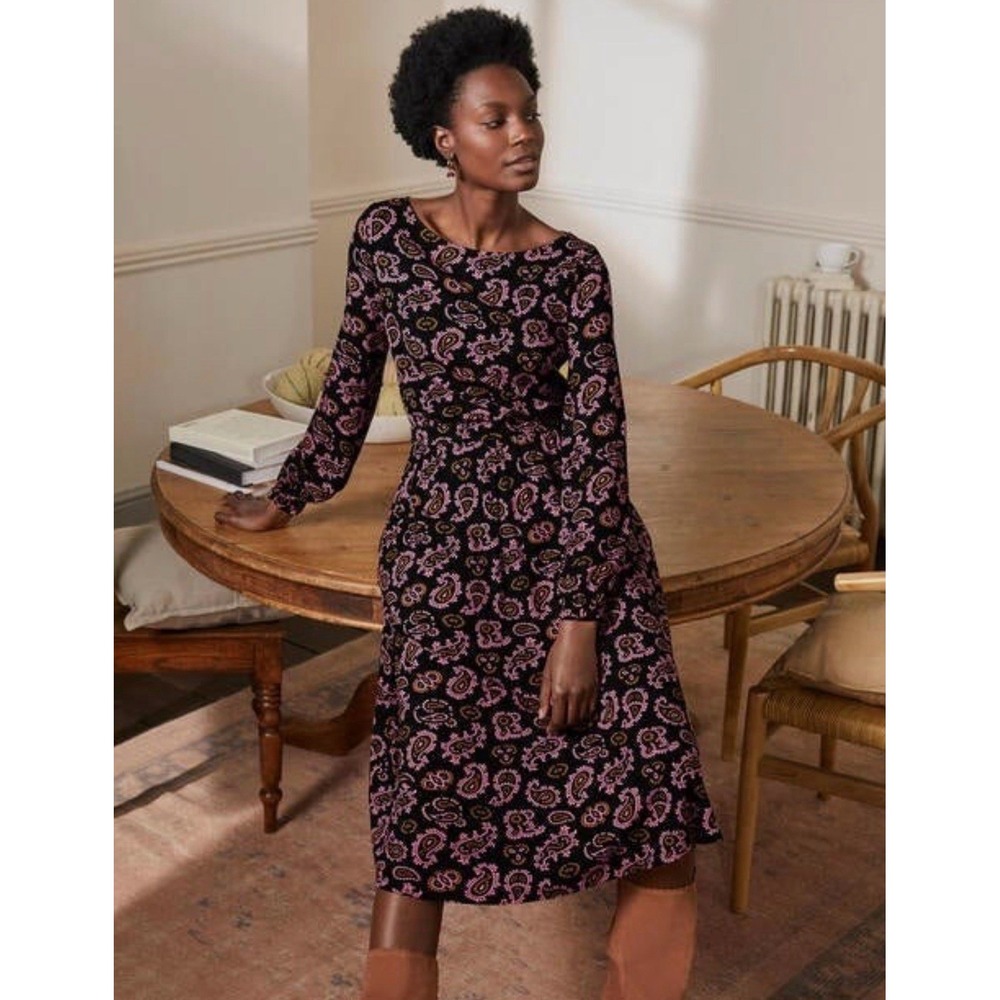 Boden‎ Evelyn Midi Dress Womens 6L Black Pink Paisley Jersey Long Sleeve Boho